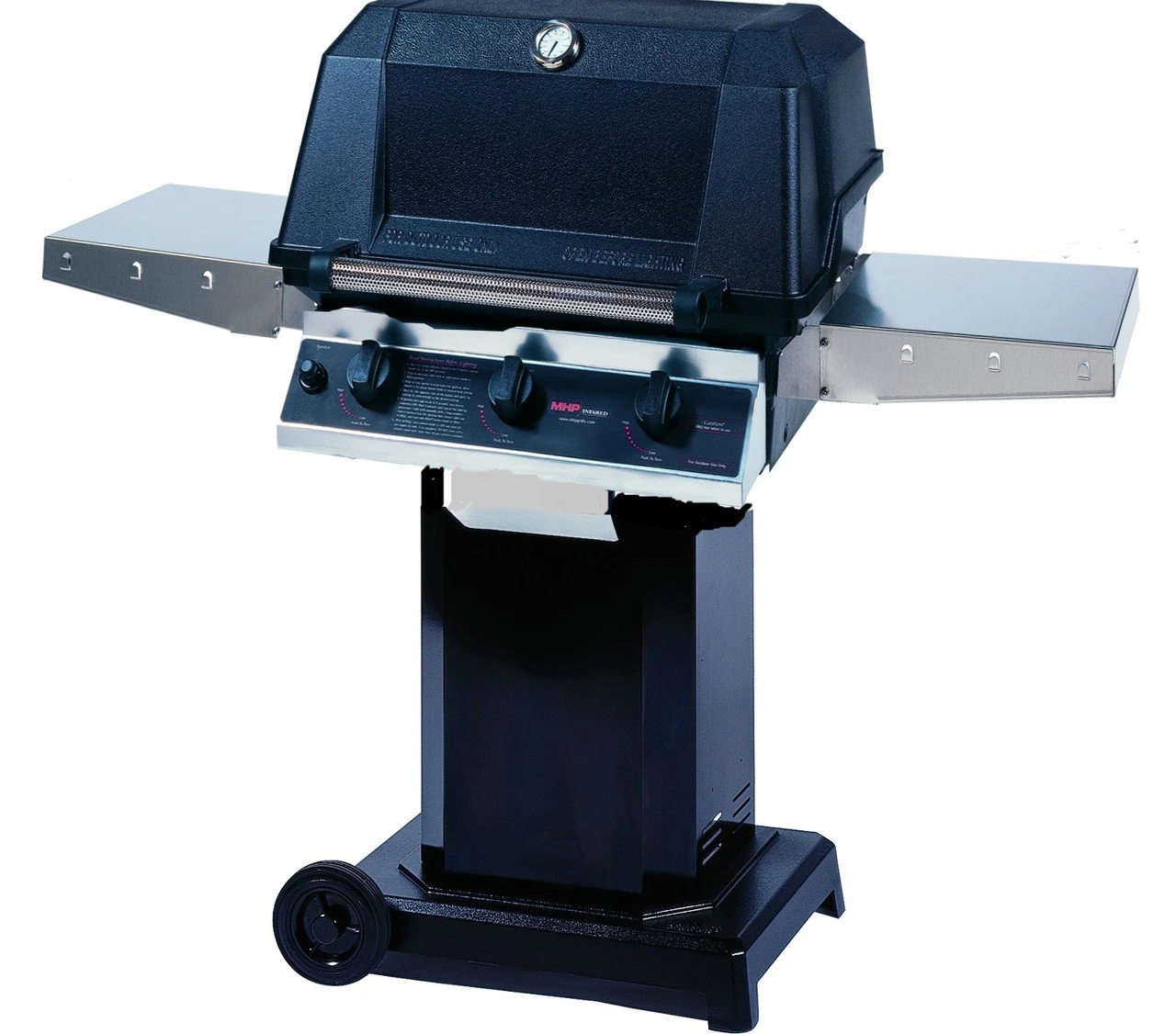 MHP Hybrid Propane Grill W/ SearMagic Grids On Black Cart 3 MHP Hybrid Propane Grill W/ SearMagic Grids On Black Cart